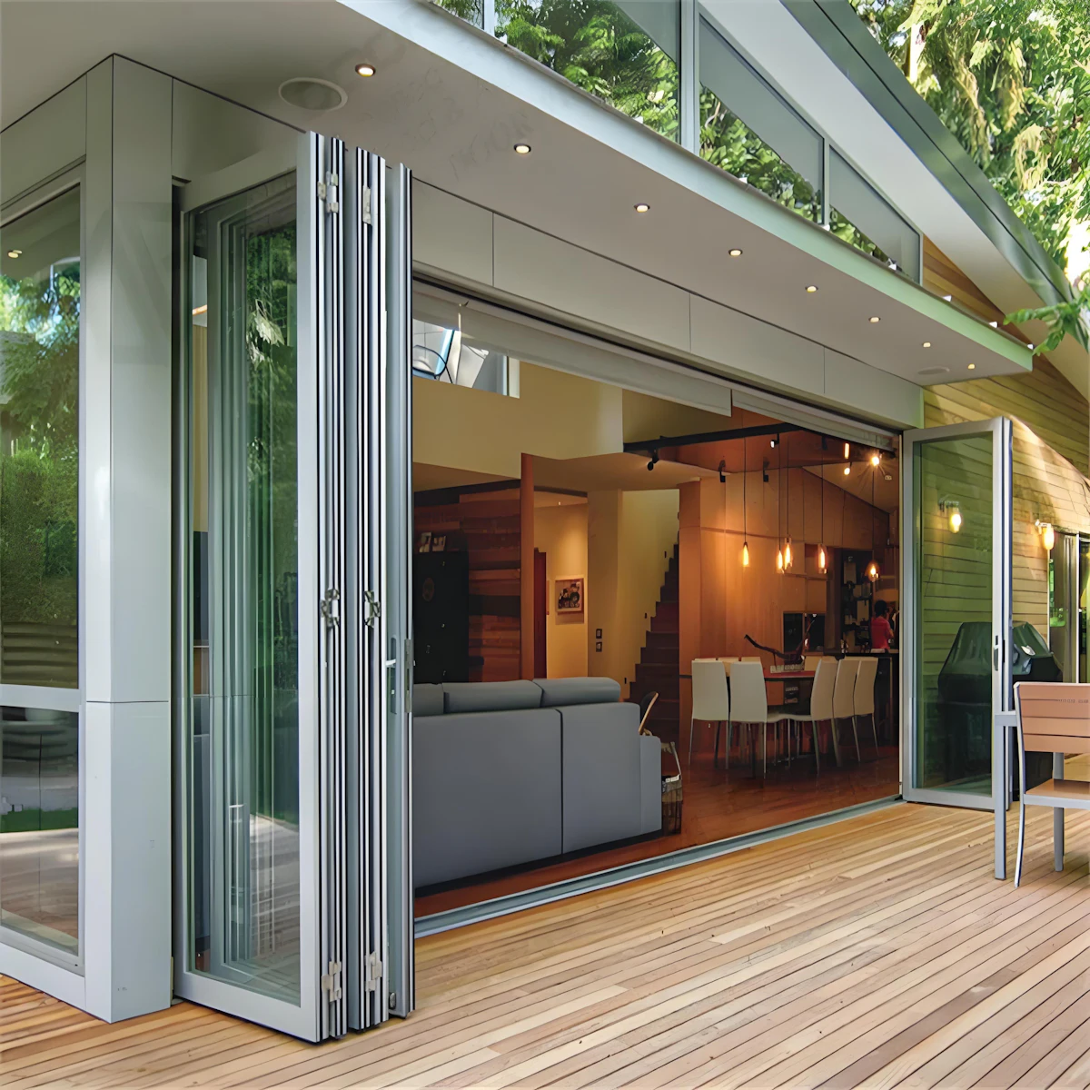 Modern home with folding glass doors opening onto a deck