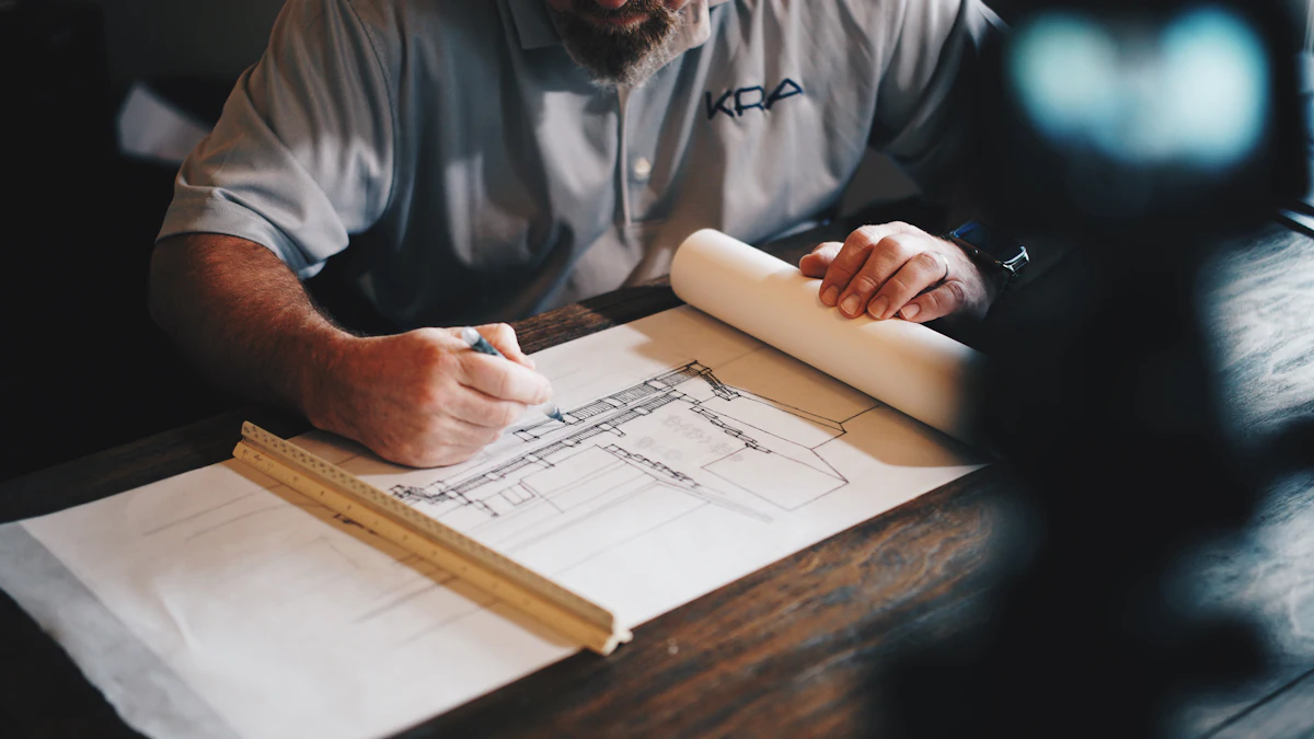 An architect drafting plans with a pencil and ruler