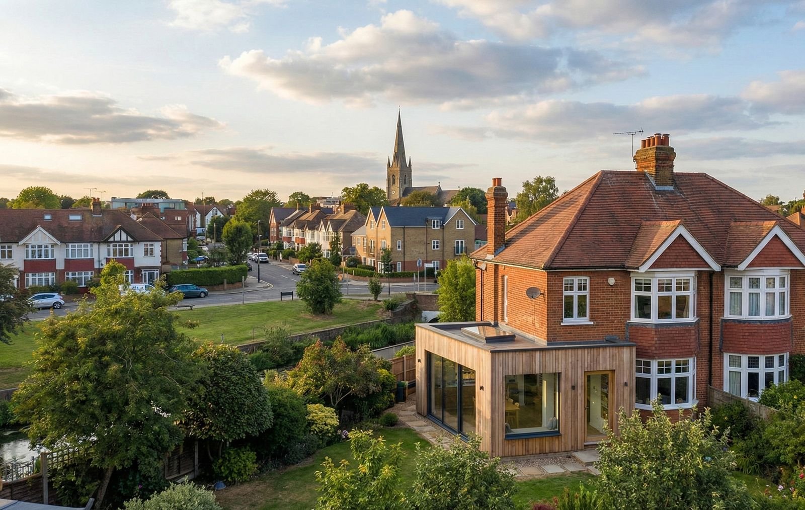 Houses within an established English town with a church spire in the background
